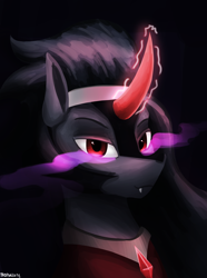 Size: 1000x1346 | Tagged: safe, artist:vezja, imported from derpibooru, king sombra, pony, unicorn, bust, clothes, crystal, curved horn, eye mist, fangs, glowing, glowing horn, horn, looking at you, magic, male, palindrome get, portrait, simple background, solo, stallion