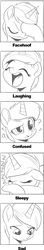 Size: 412x2324 | Tagged: safe, artist:nauyaco, imported from derpibooru, oc, oc:kimi, pony, unicorn, expressions, facehoof, female, mare, monochrome, reaction image, solo