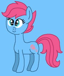 Size: 465x548 | Tagged: safe, artist:brobbol, imported from derpibooru, baby cuddles, earth pony, pony, baby, baby pony, blue background, cuddlebetes, cute, female, filly, full body, g1, g1 to g4, g4, generation leap, ms paint, paint.net, pink mane, pink tail, simple background, smiling, solo, standing, tail