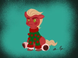 Size: 1080x810 | Tagged: safe, artist:allisonpopick, imported from derpibooru, part of a set, sprout cloverleaf, earth pony, pony, chibi, christmas, clothes, g5, holiday, my little pony: a new generation, sitting, solo, sweater