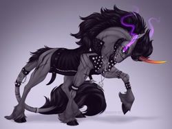 Size: 2000x1500 | Tagged: safe, artist:dementra369, imported from derpibooru, king sombra, horse, pony, unicorn, accessory, armband, clothes, curved horn, ear piercing, earring, facial hair, fangs, horn, horn band, horseshoes, jacket, jewelry, leather jacket, leonine tail, looking at you, male, necklace, ow the edge, pentagram, piercing, raised hoof, satanic, solo, sombra eyes, spiked wristband, spikes, stallion, tail, tail band, unshorn fetlocks, wristband