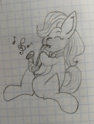 Size: 1840x2424 | Tagged: safe, artist:kanw, imported from derpibooru, beauty brass, earth pony, pony, bowtie, graph paper, monochrome, music notes, musical instrument, newbie artist training grounds, photo, playing instrument, saxophone, sitting, solo, traditional art