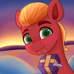 Size: 2100x2100 | Tagged: safe, artist:pipp_petal, imported from derpibooru, sprout cloverleaf, earth pony, pony, cute, g5, high res, male, my little pony: a new generation, present, smiling, snow, solo, sproutbetes, stallion, sunset, when he smiles