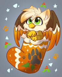 Size: 1731x2132 | Tagged: safe, artist:oofycolorful, imported from derpibooru, oc, oc only, oc:ember burd, griffon, beak, chibi, christmas, christmas stocking, colored wings, commission, cute, eared griffon, feather, gradient wings, griffon oc, holiday, holly, male, multicolored wings, ocbetes, paw prints, solo, talons, wings, ych result