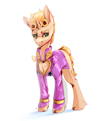 Size: 1313x1487 | Tagged: safe, artist:adamange1, imported from derpibooru, pony, unicorn, anime, blonde hair, blonde mane, boob window, bottomless, braid, braided tail, clothes, giorno giovanna, green eyes, horn, jojo's bizarre adventure, missing cutie mark, partial nudity, ponified, standing, tail, yellow hair, yellow mane