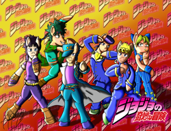 Size: 2600x2000 | Tagged: safe, artist:franklord, imported from derpibooru, pony, anime, black hair, blue eyes, blue hair, giorno giovanna, green eyes, green hair, high res, jojo pose, jojo's bizarre adventure, jolyne cujoh, jonathan joestar, joseph joestar, josuke higashikata, jotaro kujo, orange background, pointing, ponified, purple hair, red background, simple background, wallpaper, yellow background