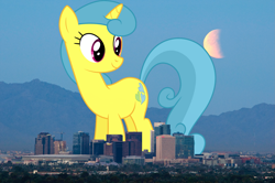 Size: 2135x1418 | Tagged: safe, artist:dashiesparkle, artist:thegiantponyfan, imported from derpibooru, lemon hearts, pony, unicorn, arizona, female, giant pony, giant unicorn, giant/macro lemon hearts, giantess, highrise ponies, irl, macro, mare, mega giant, phoenix (city), photo, ponies in real life