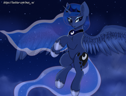 Size: 1552x1188 | Tagged: safe, artist:munrei, imported from derpibooru, princess luna, alicorn, cloud, crown, female, horn, jewelry, mare, night, regalia, smiling, solo, wings