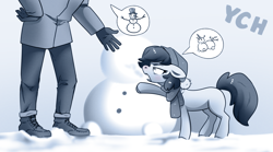 Size: 1438x800 | Tagged: safe, artist:28gooddays, imported from derpibooru, human, pony, clothes, monochrome, snow, snowman, winter, winter outfit, ych example, ych sketch, your character here