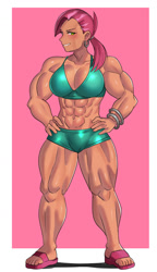 Size: 800x1392 | Tagged: safe, artist:tzc, imported from derpibooru, babs seed, human, abs, abs seed, alternate hairstyle, belly button, clothes, dark skin, ear piercing, earring, feet, female, fetish, grin, humanized, jewelry, muscle fetish, muscles, muscular female, older, older babs seed, piercing, sandals, shorts, smiling, solo, sports bra, sports shorts