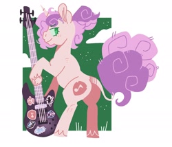 Size: 2048x1754 | Tagged: safe, artist:pastacrylic, imported from derpibooru, sweetie belle, pony, unicorn, bass guitar, butt, guitar, leonine tail, looking at you, looking back, musical instrument, plot, pride, pride flag, smiling, solo, tail, transgender pride flag