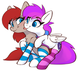 Size: 2939x2671 | Tagged: safe, artist:sharemyshipment, imported from derpibooru, oc, oc only, oc:lavanda, oc:ponepony, earth pony, pegasus, derpibooru community collaboration, 2022 community collab, clothes, couple, female, high res, lesbian, ponelav, shipping, simple background, socks, stockings, striped socks, thigh highs, tongue out, transparent background