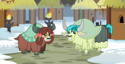 Size: 3656x1872 | Tagged: safe, artist:princessshadowluna, imported from derpibooru, sandbar, yona, yak, bow, cloven hooves, duo, female, grin, hair bow, male, monkey swings, smiling, species swap, yak sandbar, yakified, yakyakistan