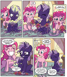 Size: 1880x2177 | Tagged: safe, artist:michela cacciatore, idw, imported from derpibooru, pinkie pie, earth pony, pony, spoiler:comic, spoiler:comicgenerations03, blushing, female, heart eyes, magic, my little pony: generations, smiling, streamers, violet shiver, wingding eyes
