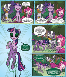 Size: 1865x2145 | Tagged: safe, artist:michela cacciatore, idw, imported from derpibooru, pinkie pie, twilight sparkle, zecora, alicorn, earth pony, zebra, spoiler:comic, spoiler:comicgenerations03, chase, eyes closed, female, gritted teeth, mind control, my little pony: generations, possessed, trio, trio female, twilight sparkle (alicorn)
