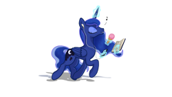 Size: 3840x2160 | Tagged: safe, artist:scifidino66, imported from derpibooru, princess luna, alicorn, pony, book, cute, earbuds, eyes closed, eyeshadow, female, happy, high res, ice cream cone, ipad, lunabetes, magic, magic aura, makeup, simple background, singing, trotting