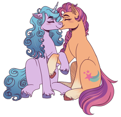 Size: 3400x3300 | Tagged: safe, artist:kikirdcz, imported from derpibooru, izzy moonbow, sunny starscout, earth pony, pony, unicorn, blushing, commission, cute, duo, eyes closed, female, g5, high res, izzyscout, kissing, lesbian, mare, markings, my little pony: a new generation, raised hoof, shipping, simple background, transparent background, unshorn fetlocks