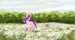 Size: 3840x2060 | Tagged: safe, artist:elektra-gertly, imported from derpibooru, starlight glimmer, butterfly, pony, unicorn, cloud, female, flower, high res, raised hoof, sky, solo