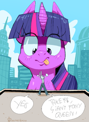 Size: 917x1259 | Tagged: safe, artist:oddjuice, imported from derpibooru, twilight sparkle, oc, anthro, pony, unicorn, :p, anthro oc, building, city, cityscape, context is for the weak, dialogue, female, giant pony, giant twilight sparkle, giantess, looking down, macro, micro, sizeplay, sky, speech bubble, tongue out, unicorn twilight