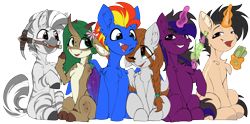 Size: 3215x1593 | Tagged: safe, artist:airfly-pony, imported from derpibooru, oc, oc only, oc:alatreon, oc:dark arreb, oc:elen, oc:mihana, oc:scarlett drop, oc:wing hurricane, pegasus, unicorn, zebra, derpibooru community collaboration, 2022 community collab, braid, chest fluff, deep rock galactic, dryad (elepatrium), elepatrium, female, horn, male, mare, pegasus oc, pickaxe, scarricane, simple background, stallion, transparent background, unicorn oc, universe elepatrium, zebra oc