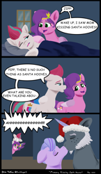 Size: 3300x5700 | Tagged: safe, artist:rockhoppr3, imported from derpibooru, pipp petals, queen haven, zipp storm, pegasus, pony, unicorn, aaaaaaahhhhh, alphabittle blossomforth, alphahaven, christmas, comic, derp, dialogue, female, folded wings, g5, hat, high res, hilarious in hindsight, holiday, i saw mommy kissing santa claus, i saw mommy kissing santa hooves, kissing, male, mare, my little pony: a new generation, peeking, royal sisters (g5), santa hat, shipping, shocked, siblings, sisters, song reference, speech bubble, stallion, stepdad alphabittle, straight, waking up, wings