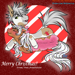 Size: 5000x5000 | Tagged: safe, artist:salemsalami, imported from derpibooru, oc, oc only, oc:carty, oc:donut daydream, earth pony, pony, unicorn, christmas, cuddling, hearth's warming eve, holiday, platonic, platonic cuddling