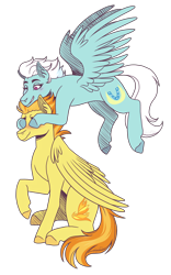 Size: 2800x4500 | Tagged: safe, artist:kikirdcz, imported from derpibooru, fleetfoot, spitfire, pegasus, pony, blushing, commission, covering eyes, duo, female, fleetfire, flying, grin, guess who, high res, lesbian, mare, one eye closed, raised hoof, shipping, simple background, smiling, transparent background, wink