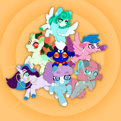 Size: 3000x3000 | Tagged: safe, artist:superkitsch, imported from derpibooru, blue belle, firefly, glory, grogar, gusty, medley, snuzzle, earth pony, goat, pegasus, pony, unicorn, firefly flash, glory gander, gusty gale, high res, morning medley, snuzzle nuzzle