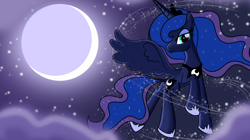 Size: 6488x3645 | Tagged: safe, artist:trash anon, imported from ponybooru, princess luna, alicorn, cloud, female, flying, jewelry, looking at you, moon, night, regalia, solo, stars