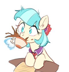 Size: 410x425 | Tagged: safe, artist:luciferamon, coco pommel, earth pony, pony, bust, clothes, cocobetes, coffee, cup, cute, drinking, eyes closed, female, flower, flower in hair, happy, hooves together, leaning, levitation, magic, mare, mug, necktie, paper, simple background, sketch, smiling, solo, spit take, spitting, surprised, table, tail, teacup, telekinesis, white background, wide eyes