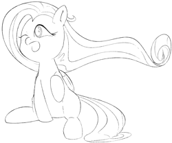 Size: 1300x1080 | Tagged: safe, artist:anonymous, fluttershy, pegasus, pony, eye closed, monochrome, open mouth, raised hoof, simple background, sitting, sketch