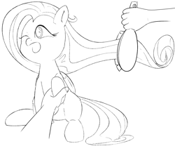 Size: 1300x1080 | Tagged: safe, artist:anonymous, fluttershy, human, pegasus, pony, brush, eye closed, hairbrush, hand, monochrome, open mouth, raised hoof, simple background, sitting, sketch