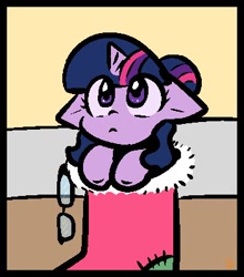 Size: 352x400 | Tagged: safe, artist:zutcha, imported from derpibooru, sci-twi, twilight sparkle, pony, christmas, christmas stocking, clothes, cute, female, glasses, holiday, mare, solo, twiabetes