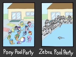 Size: 720x541 | Tagged: safe, artist:rainbow-douch, imported from ponybooru, oc, pony, zebra, asphyxiation, beach ball, comparison, death, drowning, meme, pool party, pool's closed, racism, swimming, swimming pool, zebra oc, zebras as black people stereotype, ziggers