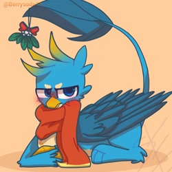 Size: 1400x1400 | Tagged: safe, artist:berrysoda10, imported from derpibooru, gallus, griffon, blushing, christmas, clothes, cute, gallabetes, holiday, lying down, male, mistletoe, prehensile tail, prone, scarf, solo, tail, tail hold, tsundere