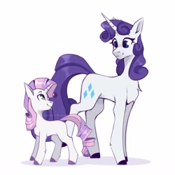 Size: 3543x3543 | Tagged: safe, artist:buvanybu, imported from derpibooru, rarity, sweetie belle, pony, unicorn, alternate hairstyle, colored hooves, cute, diasweetes, duo, duo female, female, filly, high res, looking at each other, looking at someone, mane swap, mare, siblings, simple background, sisters, smiling, smiling at each other, white background