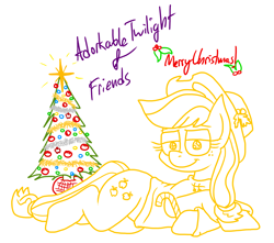 Size: 4187x3706 | Tagged: safe, artist:adorkabletwilightandfriends, imported from derpibooru, applejack, earth pony, pony, adorkable, adorkable friends, berry, christmas, christmas tree, clothes, cute, decoration, dork, hat, hearth's warming, hearth's warming tree, holiday, holly, looking at you, lying down, smiling, smiling at you, stars, sweater, tinsel, tree