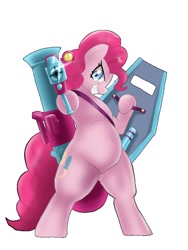 Size: 600x800 | Tagged: safe, artist:kushina13, imported from derpibooru, pinkie pie, earth pony, semi-anthro, the ending of the end, beam rifle, beam saber, bipedal, grin, gun, gundam, looking at you, rocket launcher, shield, simple background, smiling, solo, weapon, white background