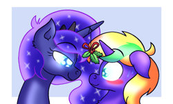 Size: 4385x2650 | Tagged: safe, artist:iceflower99, imported from derpibooru, princess luna, oc, oc:buggy brush, blushing, canon x oc, floppy ears, holly, holly mistaken for mistletoe, looking at each other, looking at someone, shipping, sweat, video at source, video in description