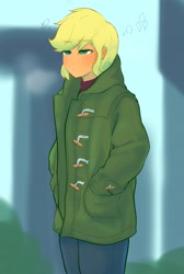 Size: 2048x3056 | Tagged: safe, artist:noupu, imported from derpibooru, applejack, equestria girls, clothes, eyebrows, eyebrows visible through hair, female, hand in pocket, high res, jacket, lidded eyes, solo