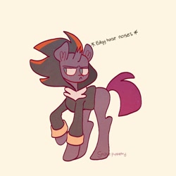 Size: 768x768 | Tagged: safe, artist:sockiepuppetry, imported from derpibooru, fizzlepop berrytwist, tempest shadow, pony, unicorn, :<, broken horn, clothes, cosplay, costume, crossover, descriptive noise, eye scar, female, frown, glare, hoodie, horn, mare, raised hoof, scar, shadow the hedgehog, solo, sonic the hedgehog (series)