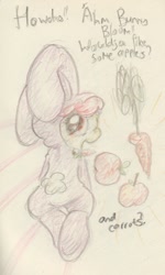 Size: 608x1014 | Tagged: safe, artist:slightlyshade, imported from derpibooru, apple bloom, earth pony, pony, animal costume, apple, bunny costume, carrot, clothes, costume, female, filly, food, looking at you, looking back, looking back at you, text