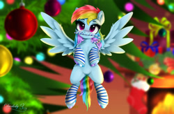 Size: 2609x1726 | Tagged: safe, artist:darksly, imported from derpibooru, rainbow dash, pegasus, pony, candy, candy cane, christmas, christmas tree, clothes, cute, dashabetes, female, food, holiday, mare, micro, mouth hold, socks, solo, striped socks, tree, unshorn fetlocks