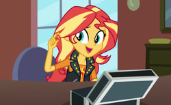 Size: 1024x630 | Tagged: safe, artist:emeraldblast63, imported from derpibooru, sunset shimmer, comic:the tale of two sunsets, equestria girls, box, female, geode of empathy, magical geodes, open mouth, open smile, smiling, solo, story in the source