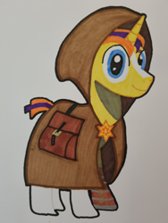 Size: 3024x4032 | Tagged: safe, artist:magicnova, derpibooru exclusive, imported from derpibooru, oc, oc:starfire blaze, pony, unicorn, derpibooru community collaboration, amputee, bag, blaze (coat marking), brooch, cloak, clothes, coat markings, eye scar, facial markings, jewelry, looking at you, male, offspring, parent:starlight glimmer, parent:sunburst, parents:starburst, prosthetic leg, prosthetic limb, prosthetics, saddle bag, scar, simple background, smiling, smiling at you, socks (coat markings), solo, stallion, traditional art, white background