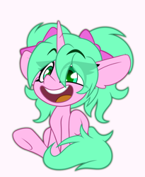 Size: 1322x1611 | Tagged: safe, artist:nekro-led, imported from derpibooru, oc, oc:magicalmysticva, oc:mystic moonlight, unicorn, big smile, bow, chibi, commission, cute, green eyes, open mouth, pink coat, solo, teal mane, ych result