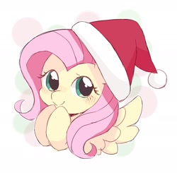 Size: 1934x1897 | Tagged: safe, artist:ginmaruxx, imported from derpibooru, fluttershy, pegasus, pony, bust, chibi, christmas, cute, hat, holiday, looking at you, santa hat, shyabetes, simple background, smiling, smiling at you, solo, white background