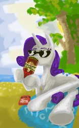 Size: 1600x2560 | Tagged: safe, artist:halfaman, imported from derpibooru, rarity, pony, unicorn, alcohol, baltica, beach, beer, drinking, lying down, palm tree, solo, sunglasses, tree