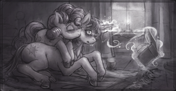 Size: 2789x1440 | Tagged: safe, artist:bantha, imported from derpibooru, pinkie pie, twilight sparkle, earth pony, pony, unicorn, blanket, blushing, book, candle, cheek kiss, cup, eyes closed, female, glowing, glowing horn, horn, kissing, lesbian, magic, monochrome, shipping, snow, snowfall, twinkie, unicorn twilight, unshorn fetlocks, window