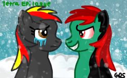 Size: 400x247 | Tagged: safe, artist:mudkip91/tetrahedron, imported from derpibooru, oc, oc:red_arrow22, oc:tetrahedron, pegasus, pony, corrupted, depressing, face to face, good vs evil, mountain, sad, snow, snowfall, sonic epilogue, tears of sadness, this will end in death, this will end in tears